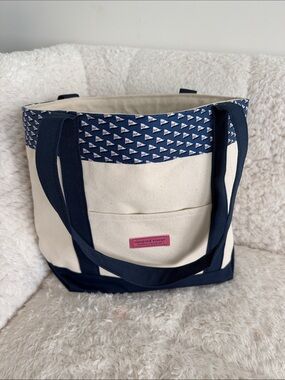 Vineyard Vines Cream and Navy Canvas Tote with Pink Logo